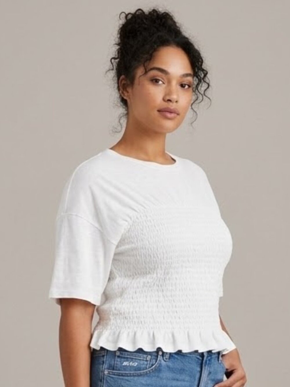 Aerie White Smocked T-Shirt Peplum Top XL NWT